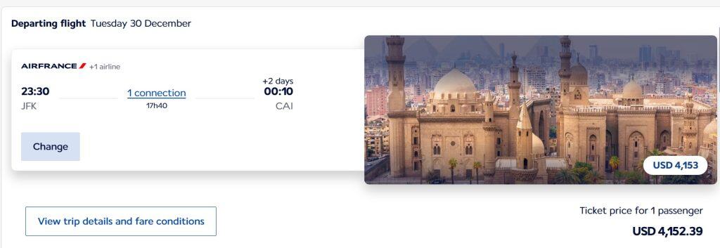 Cash Price for business class flight from JFK to Cairo