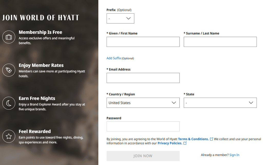 Shows the Sign up page to Hyatt Loyalty program before transfer of chase points